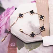 (Black) Lucky Clover Bracelet 18k Gold Plated Bracelets Jewelry Gift For Women Girls