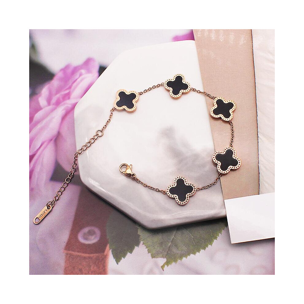 (Black) Lucky Clover Bracelet 18k Gold Plated Bracelets Jewelry Gift For Women Girls
