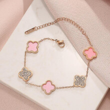 (Pink) Lucky Clover Bracelet 18k Gold Plated Bracelets Jewelry Gift For Women Girls