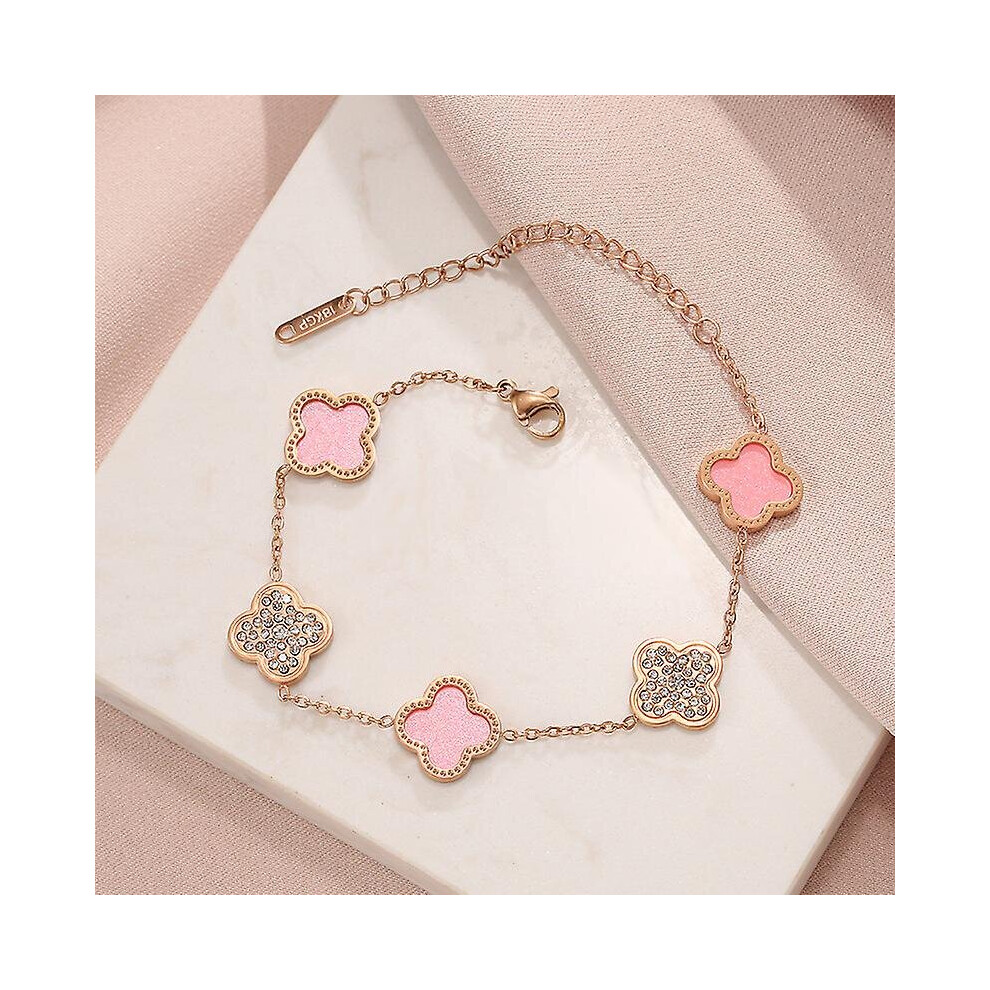 (Pink) Lucky Clover Bracelet 18k Gold Plated Bracelets Jewelry Gift For Women Girls