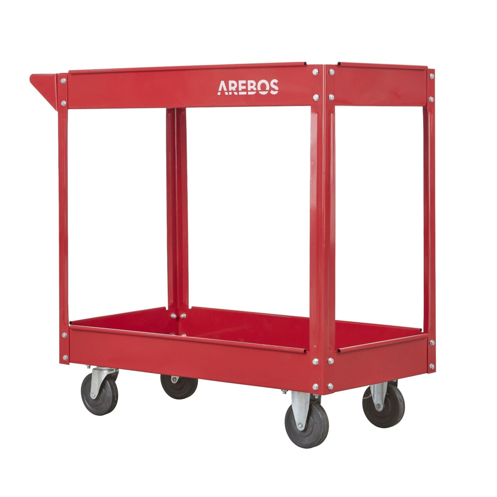 AREBOS Tool Trolley 2 Level Mobile Workshop Trolley Cart Storage Shelf on Wheels - Red