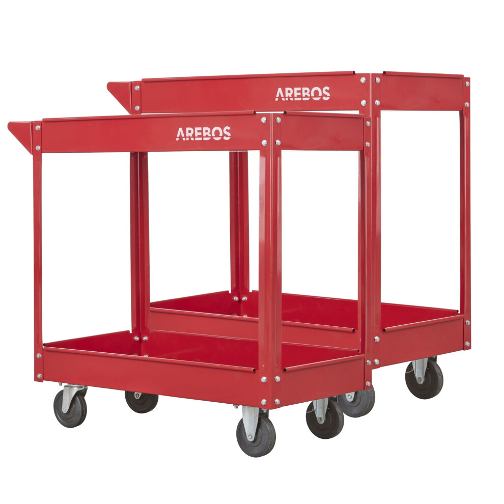 AREBOS 2x Tool Trolley 2 Level Mobile Workshop Trolley Cart Storage Shelf on Wheels - Red