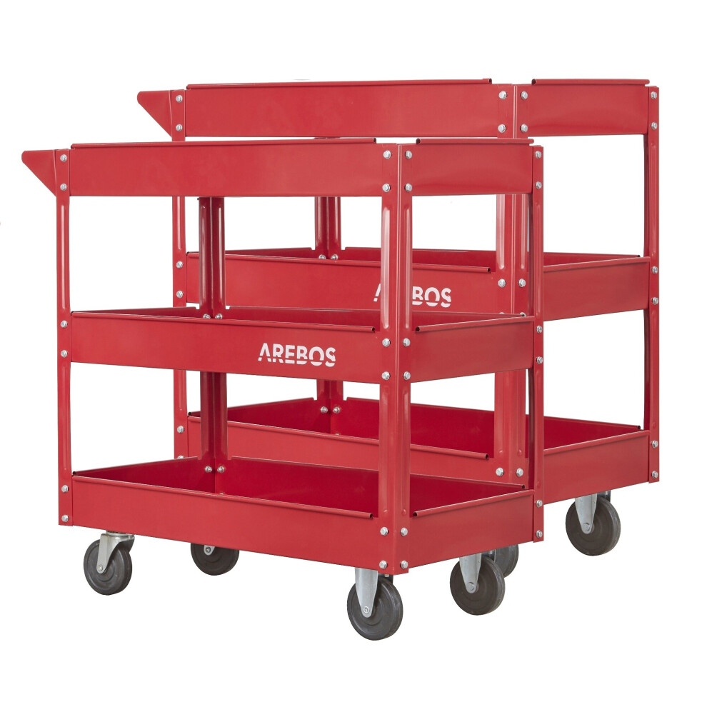 AREBOS 2x Tool Trolley 3 Level Mobile Workshop Trolley Cart Storage Shelf on Wheels - Red