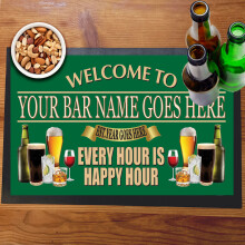 Welcome Every Hour Is Happy Hour Bar Mat Runner with Non-Slip Rubber Back and Personalised Name with Year Home Pub Coffee Shop Venue Garden Bar Gift