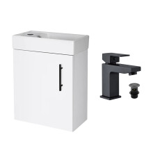 Gloss White 400 Wall Hung Vanity Unit & Matt Black Form Basin Tap & Handle