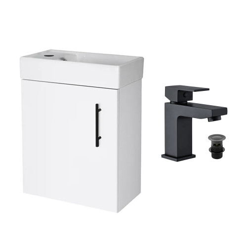 Gloss White 400 Wall Hung Vanity Unit & Matt Black Form Basin Tap & Handle