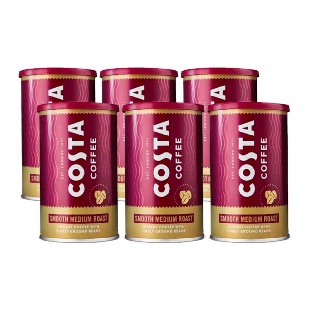 Costa Coffee Smooth Medium Roast Coffee Finely Ground Beans 6x100g