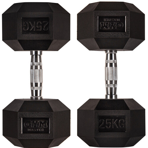 (25 kg, Pair) GYM MASTER Hex Dumbbells Rubber Encased 1-30kg Cast Iron Weight Lift Set Pair