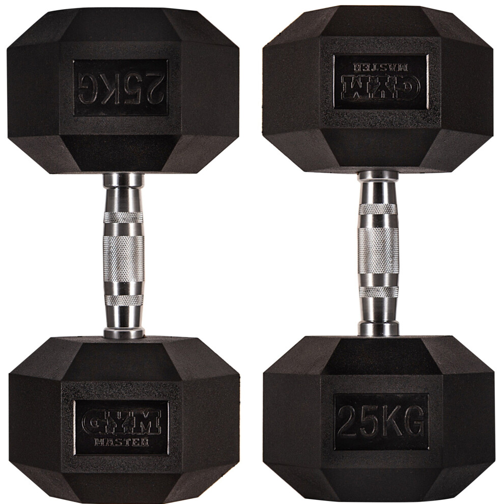 (Pair of 25KG (50KG Total)) GYM MASTER Hex Dumbbells Rubber Encased 1-30kg Cast Iron Weight Lift Set Pair