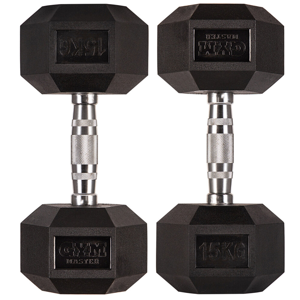 (Pair of 15KG (30KG Total)) GYM MASTER Hex Dumbbells Rubber Encased 1-30kg Cast Iron Weight Lift Set Pair