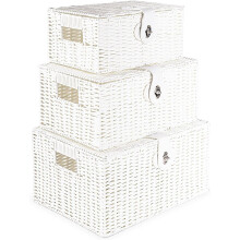 MantraRaj Woven Wicker Hamper Basket Set Storage Baskets Hamper Box With Lid Decorative Gifts Hamper Set of 3(White)