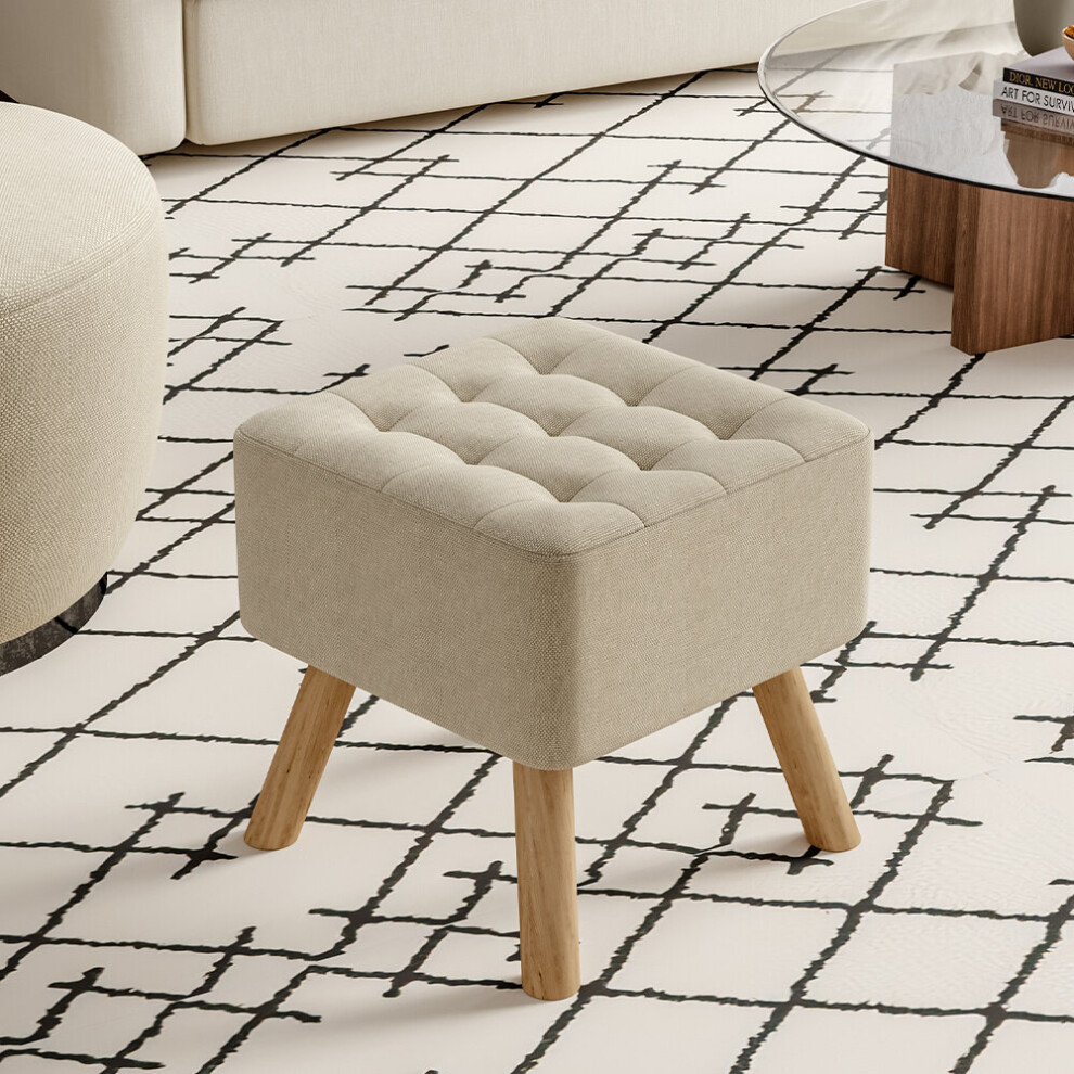 (Beige) Linen Padded Footrest Stool Square Wooden Shoe Change Stool