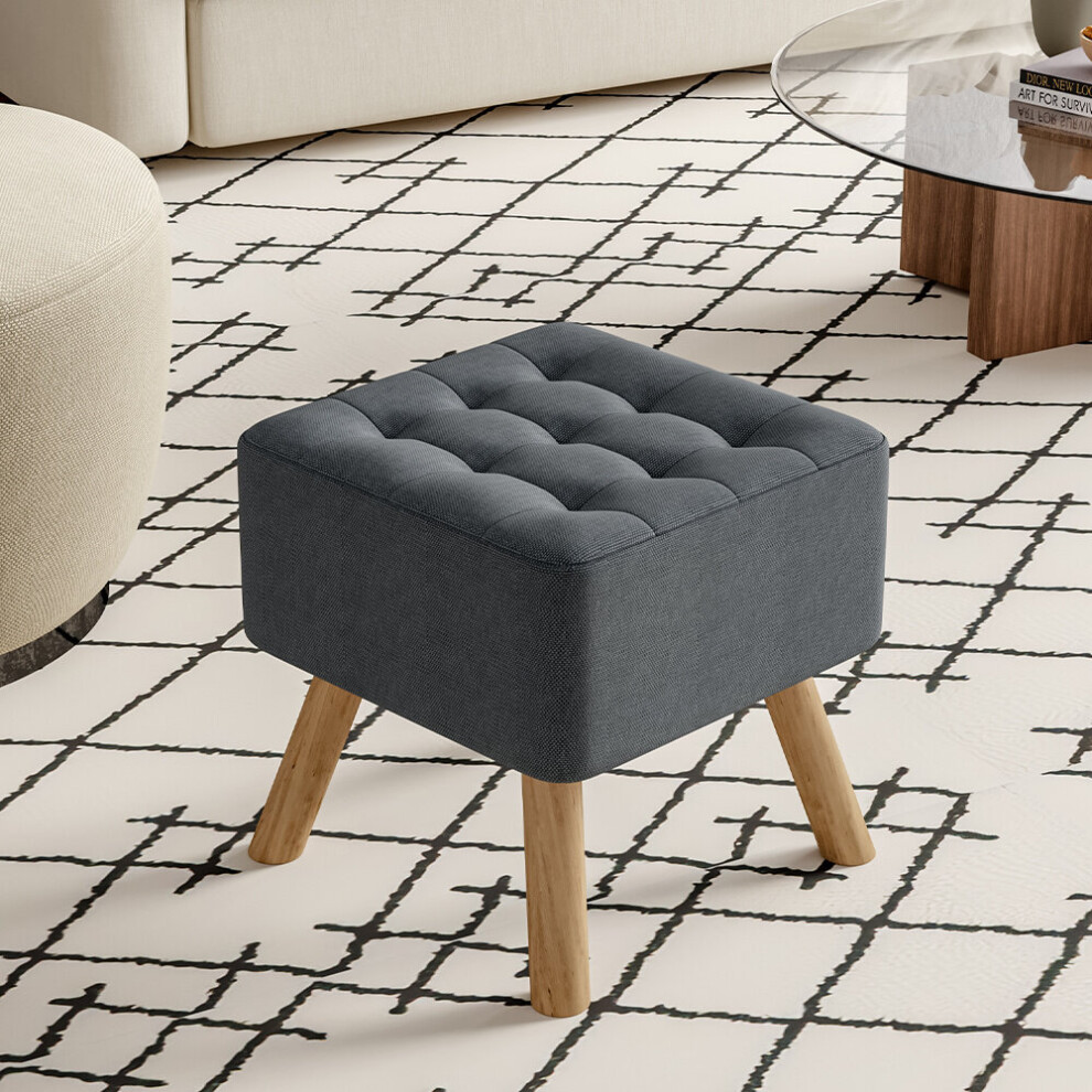 (Dark Grey) Linen Padded Footrest Stool Square Wooden Shoe Change Stool