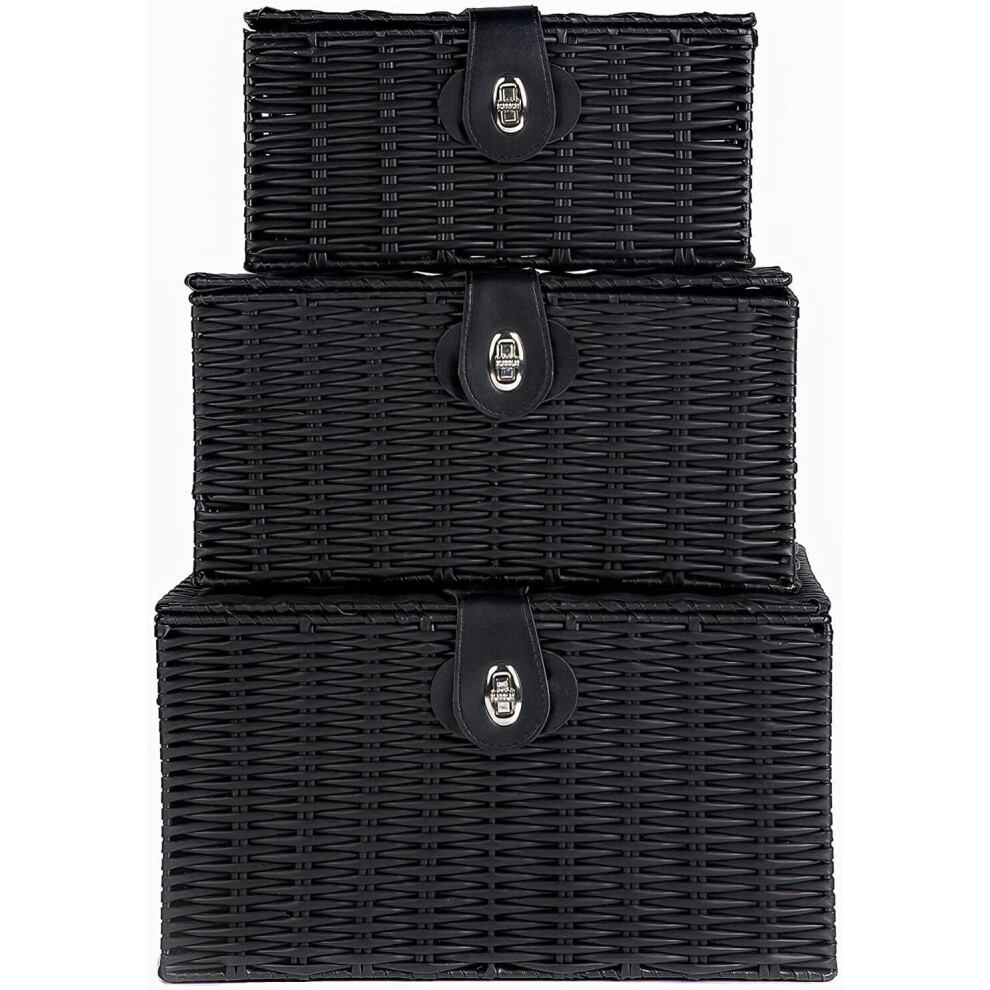 MantraRaj Woven Wicker Hamper Basket Set Storage Baskets Hamper Box With Lid Decorative Gifts Hamper Set of 3 (Black)