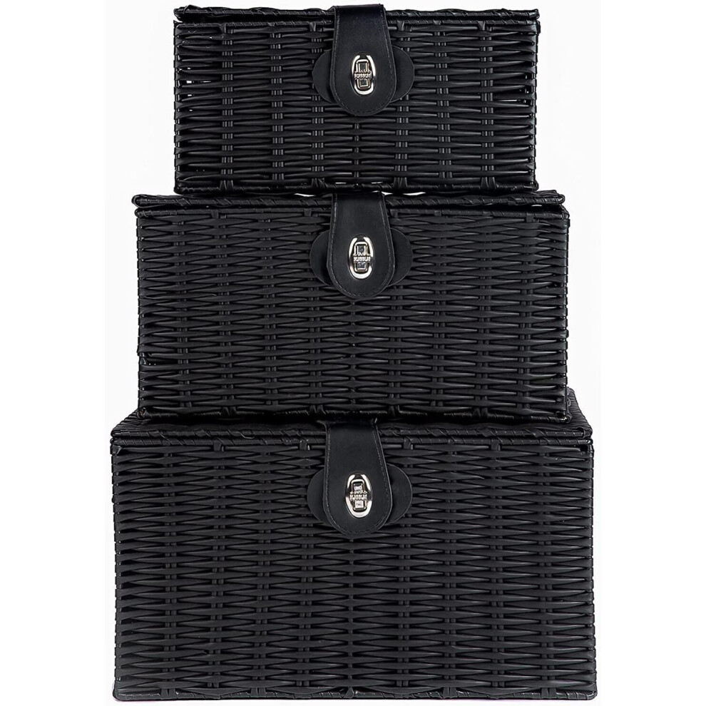 Visit-The-Mantraraj-Store Black Mantraraj Woven Wicker Hamper Basket Set Storage Baskets Hamper Box With Lid Decorative Gifts Hamper Set Of 3 (Black)
