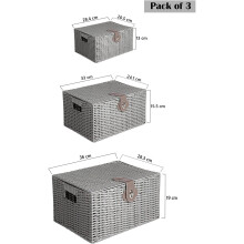MantraRaj Woven Wicker Hamper Basket Set Storage Baskets Hamper Box With Lid Decorative Gifts Hamper Set of 3 (Grey)