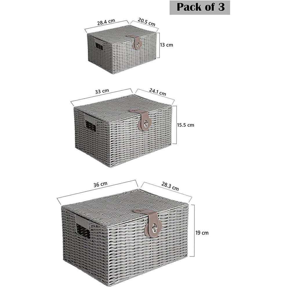 Visit-The-Mantraraj-Store Grey Mantraraj Woven Wicker Hamper Basket Set Storage Baskets Hamper Box With Lid Decorative Gifts Hamper Set Of 3 (Grey)