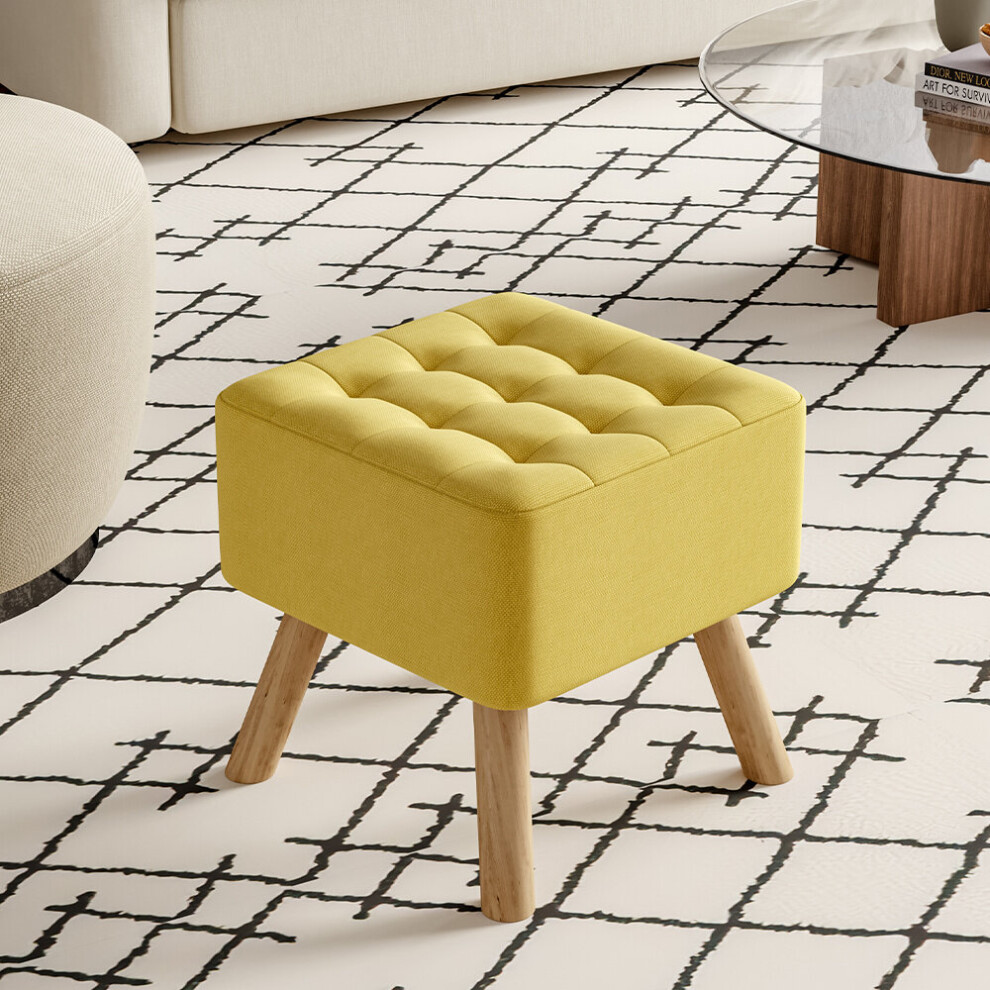 (Yellow) Linen Padded Footrest Stool Square Wooden Shoe Change Stool