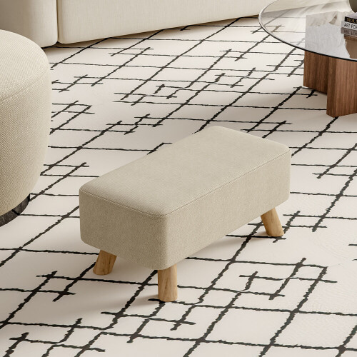 Living And Home Beige Linen Rectangular Footstool with Solid Pine Legs — Tofu-Shaped, Cushioned, Removable Cover