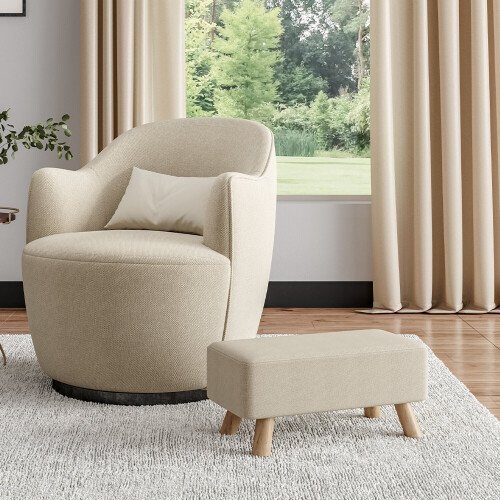 Living And Home Beige Linen Rectangular Footstool with Solid Pine Legs — Tofu-Shaped, Cushioned, Removable Cover 1