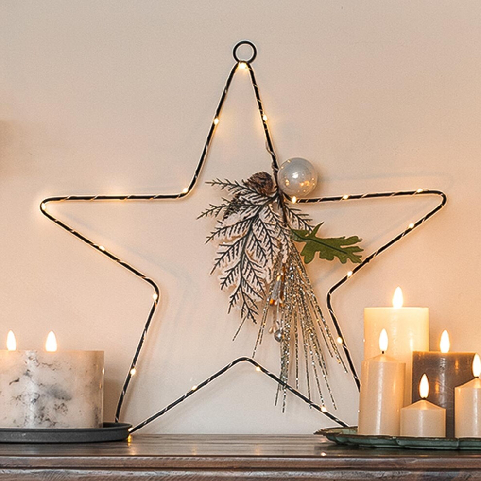 50cm Battery Power Hanging LED Star with Silver Berry & Pinecones Christmas Decoration | Indoor Home