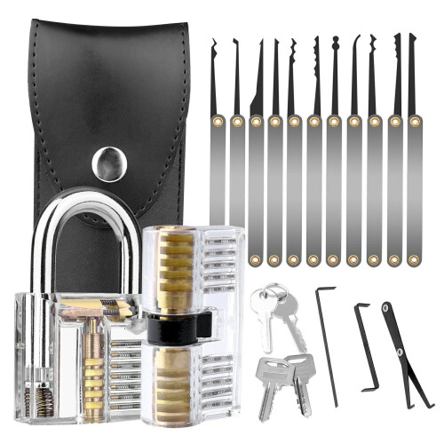 15 Pcs Lock Picking Set with Clear Transparent Padlock