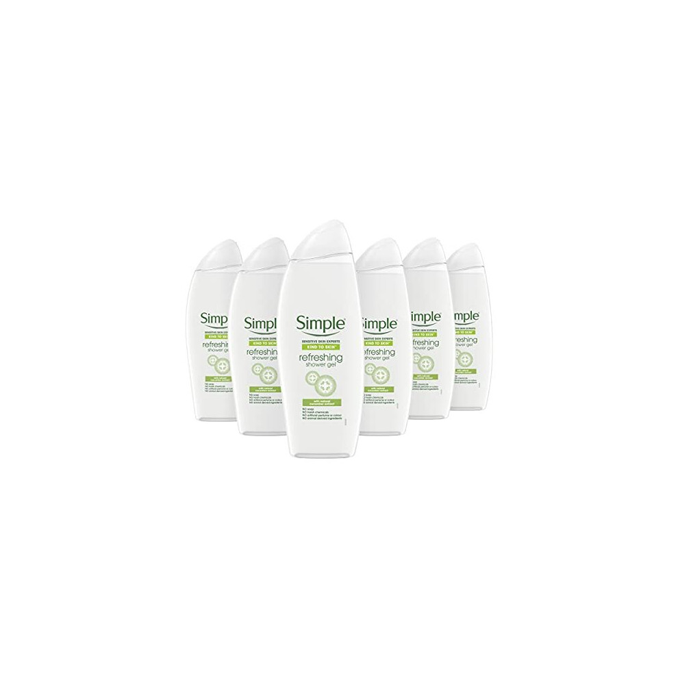 Simple Kind to Skin Refreshing UK's #1 facial skin care brand* Shower Gel body wash for all skin types? with Vitamin B5 and Glycerin, 500 ml pack of 6