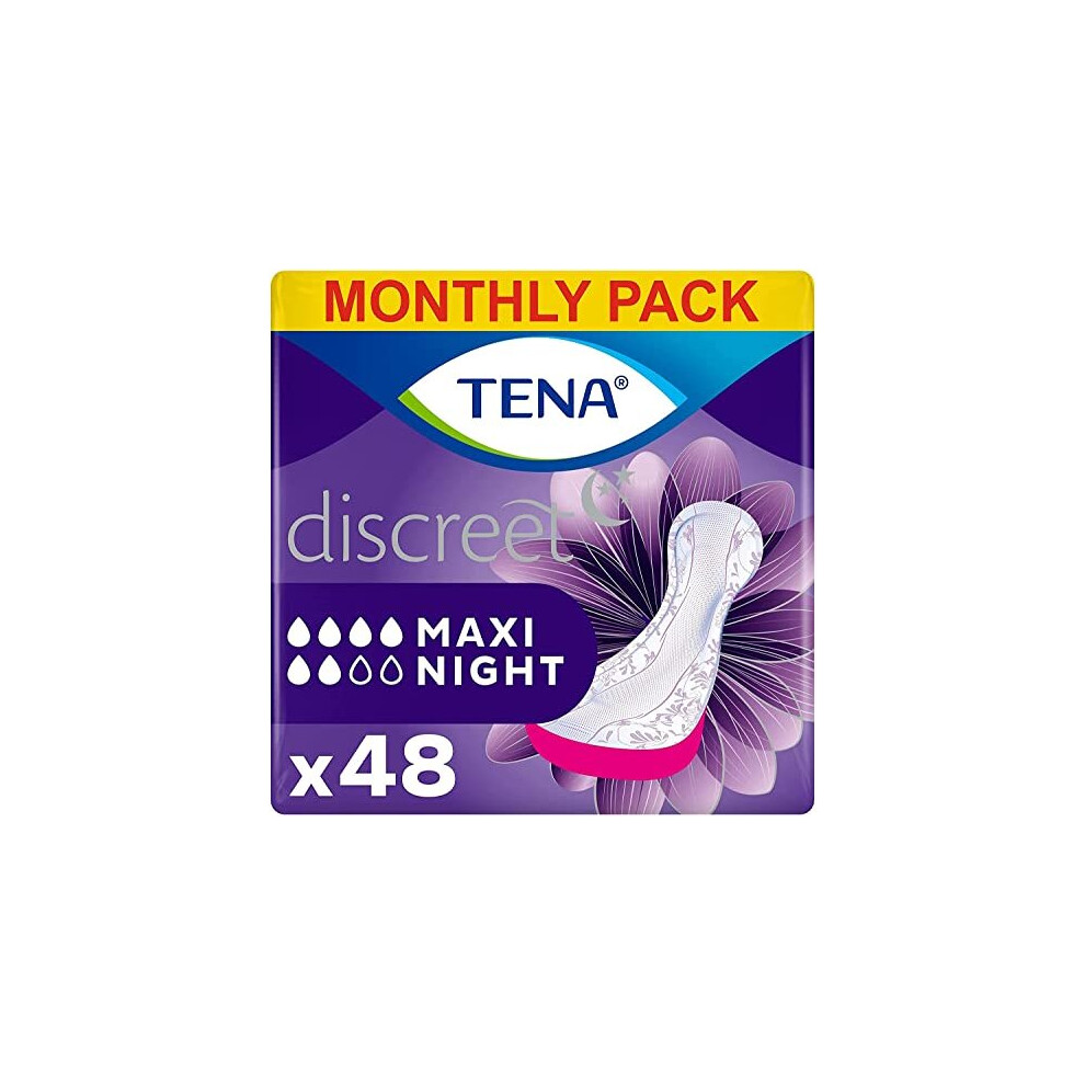 TENA Discreet Maxi Night, 48 Incontinence Pads (6 x 8 packs) for Women with Medium to Heavy Bladder Weakness, Specifically Designed for Night Time