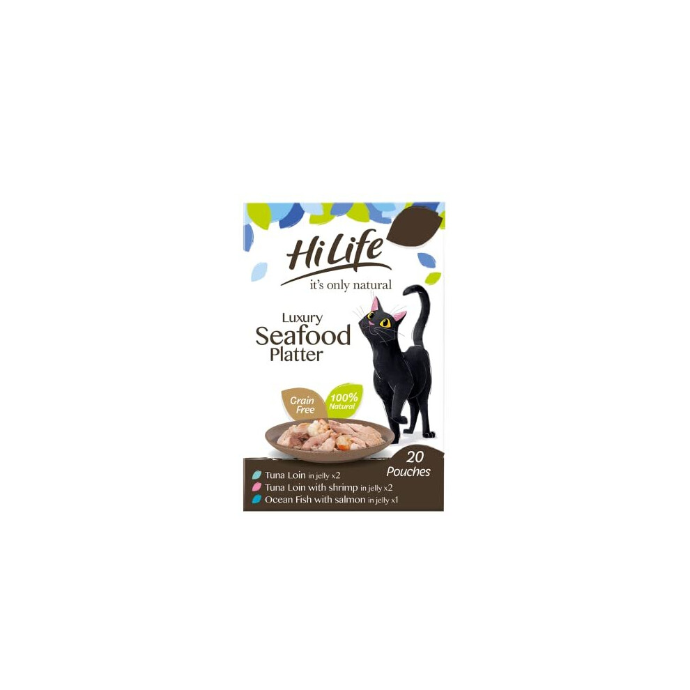 HILIFE it's only natural - Wet Cat Food - Luxury Seafood Platter in Jelly Tuna Loin Salmon Shrimps - 100% Natural Grain Free, 20 Pouches x 50g