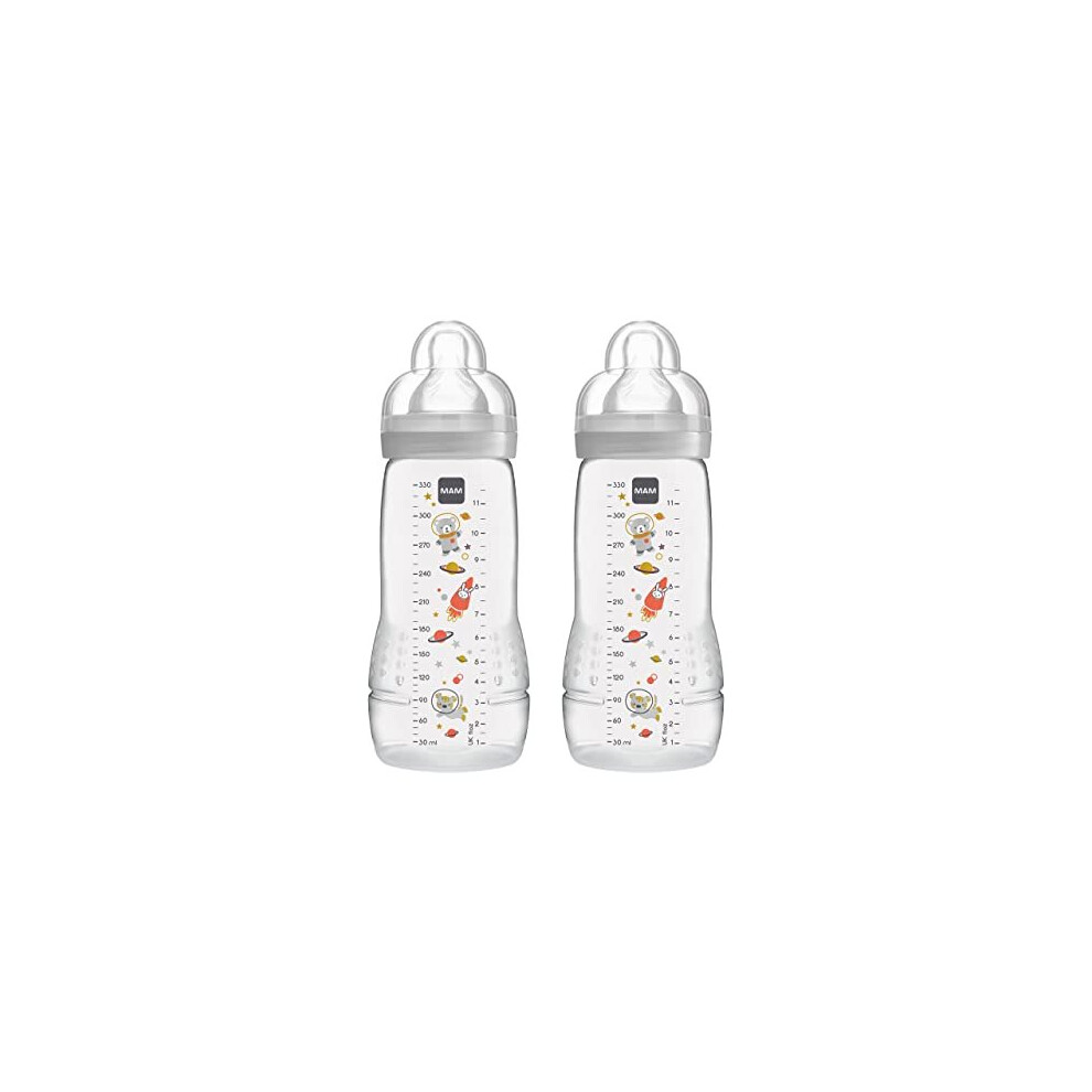 MAM Easy Active Baby Bottle with Fast Flow MAM Teats Size 3, Twin Pack of Baby Bottles, Baby Feeding, 330 ml, Grey (Designs May Vary)