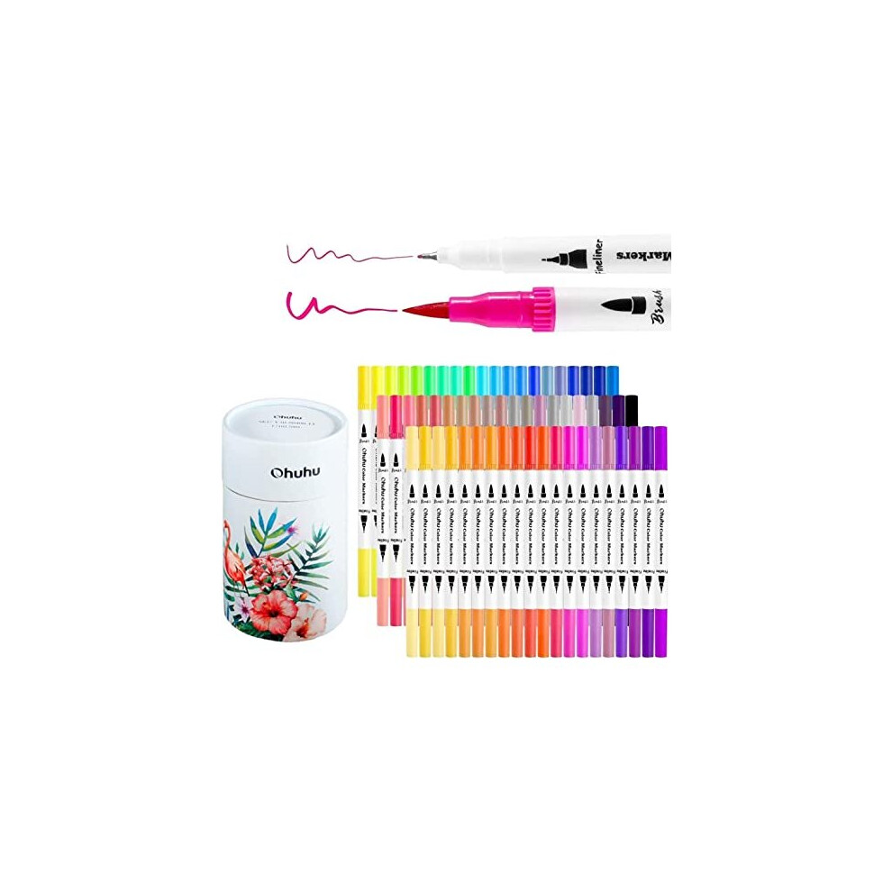 Ohuhu Colouring Pens, 60 Dual Tip Brush Pens with Fineliner & Brush Tip, Felt Tip Pens for Adults Watercolour Marker Coloured Pens for Calligraphy