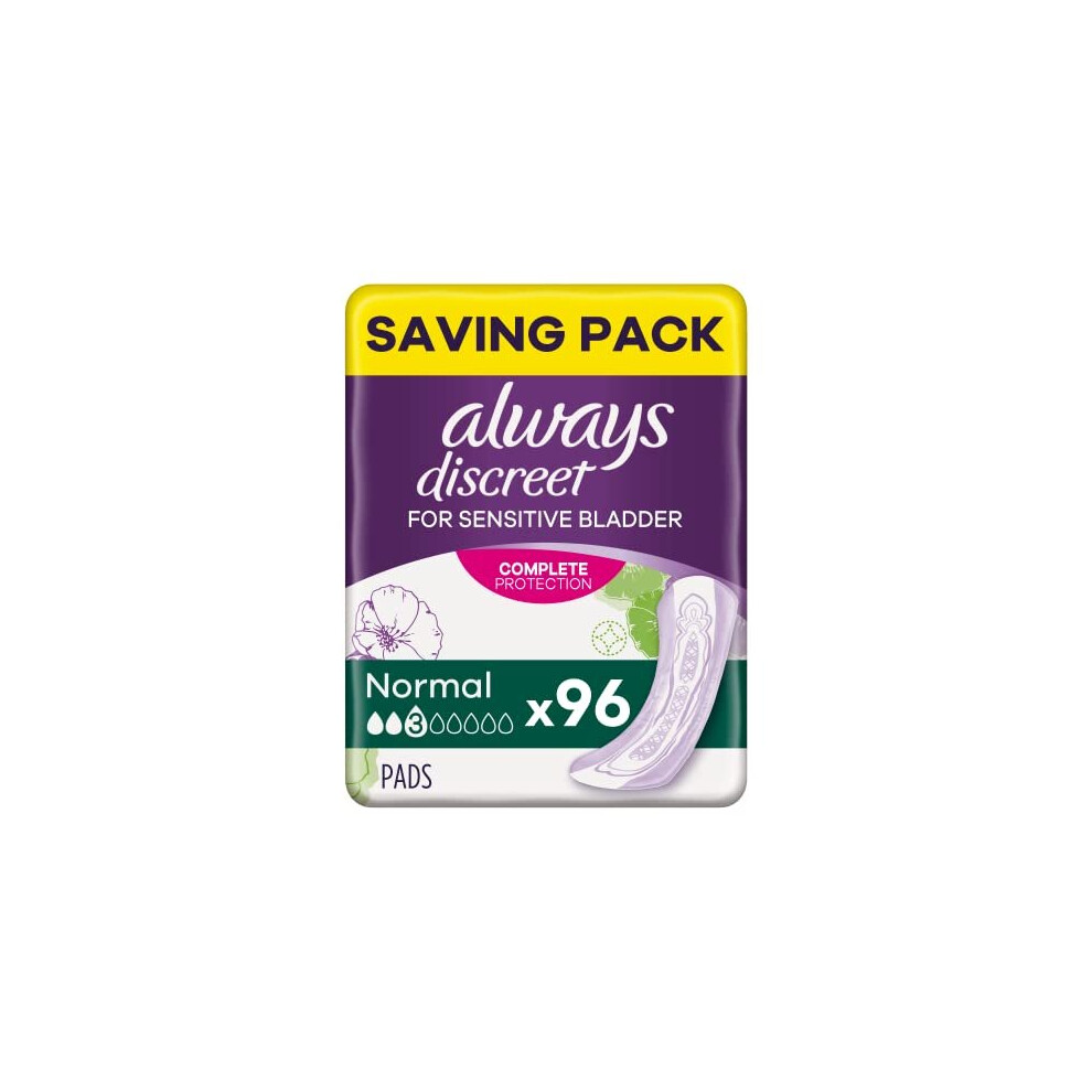 Always Discreet Incontinence Pads Women, Normal, 96 Moderate Absorbency Pads (24 x 4 Packs), Odour Neutraliser, SAVING PACK, for Sensitive Bladder