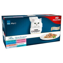 Gourmet Wet Cat Food Pouches in Gravy - Gourmet Perle Ocean Collection 40 x 85g - Mini Fillets - Mix of Whole Shrimps, Ocean Fish, Salmon and more,