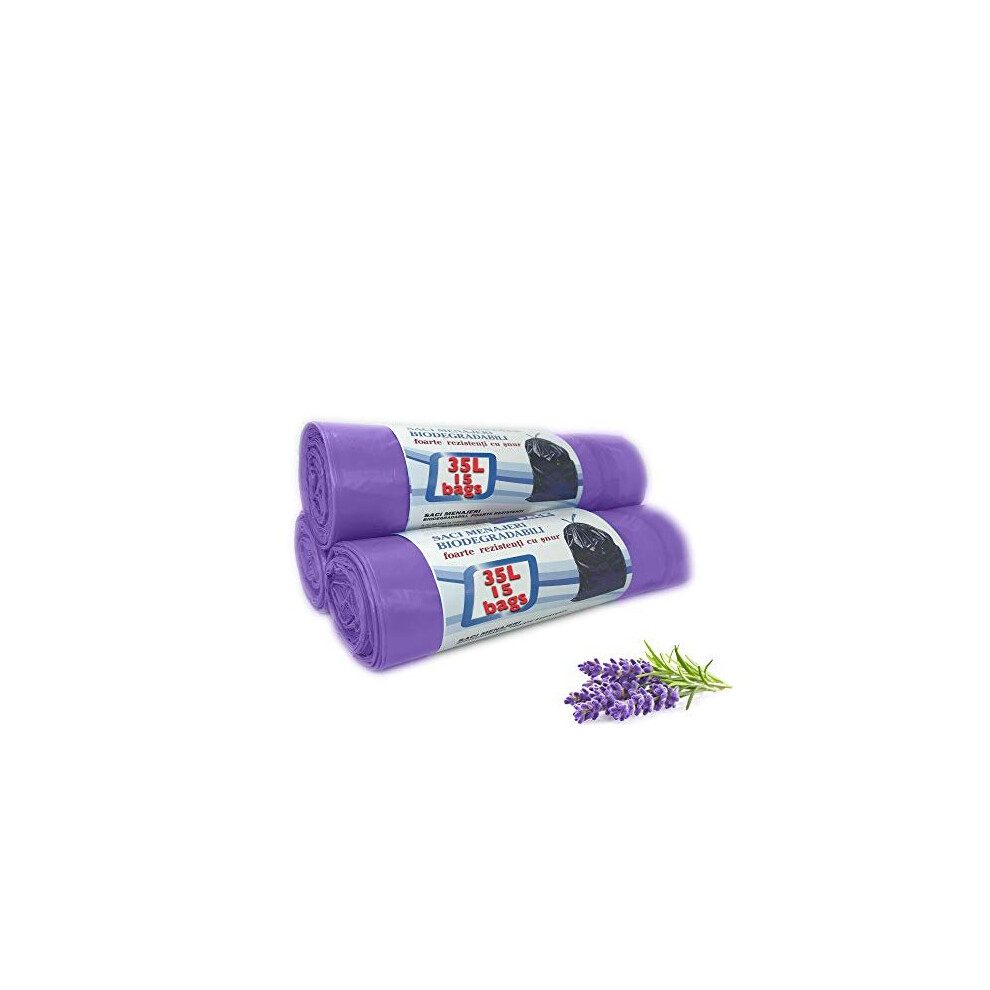 Scented Bin Bags, Very Strong, Set 3 Rolls Counts 45 Bags, 30L 35 L Lavender Bin Liners with Drawstring 100% Recycled Trash Bags for Kitchen, Office