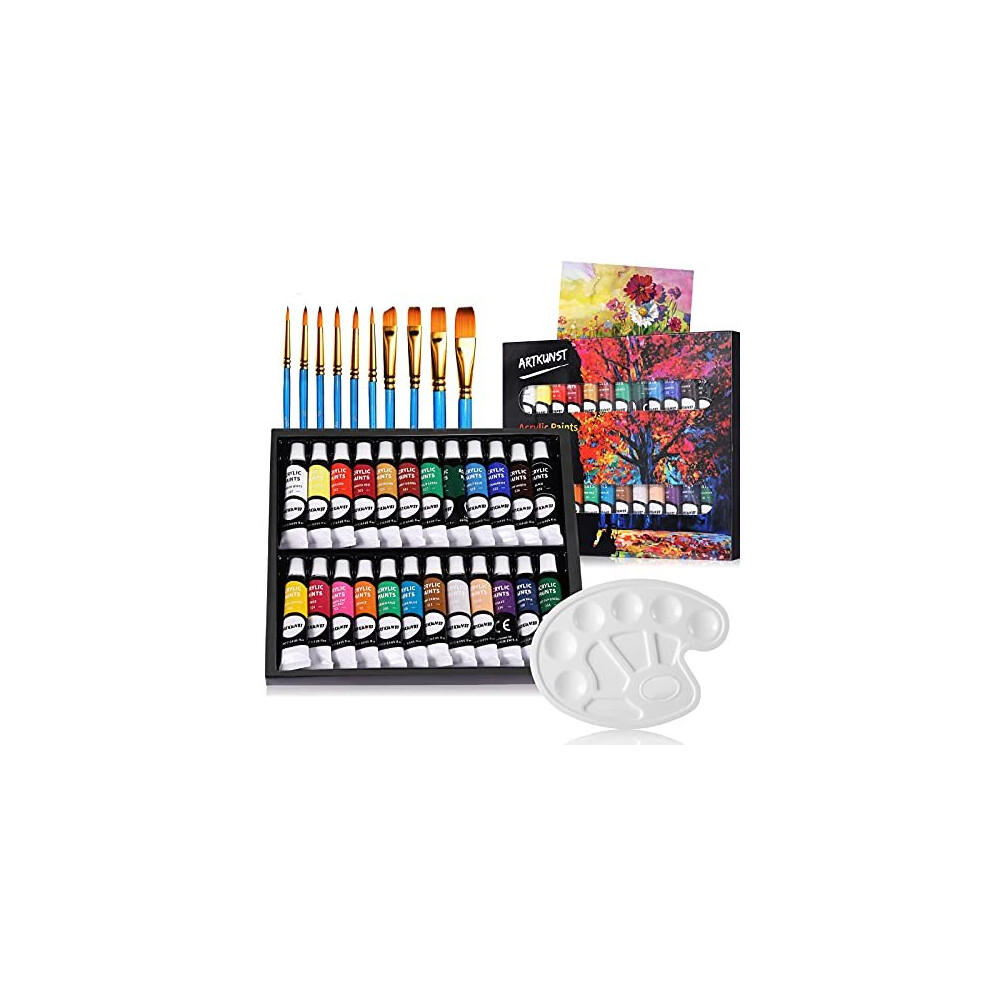 Acrylic Paint Set, 24 Rich Pigment Colors with 10 Art Brushes for Painting Canvas, Wood, Ceramic & Fabric, Rich Pigments Lasting Quality for