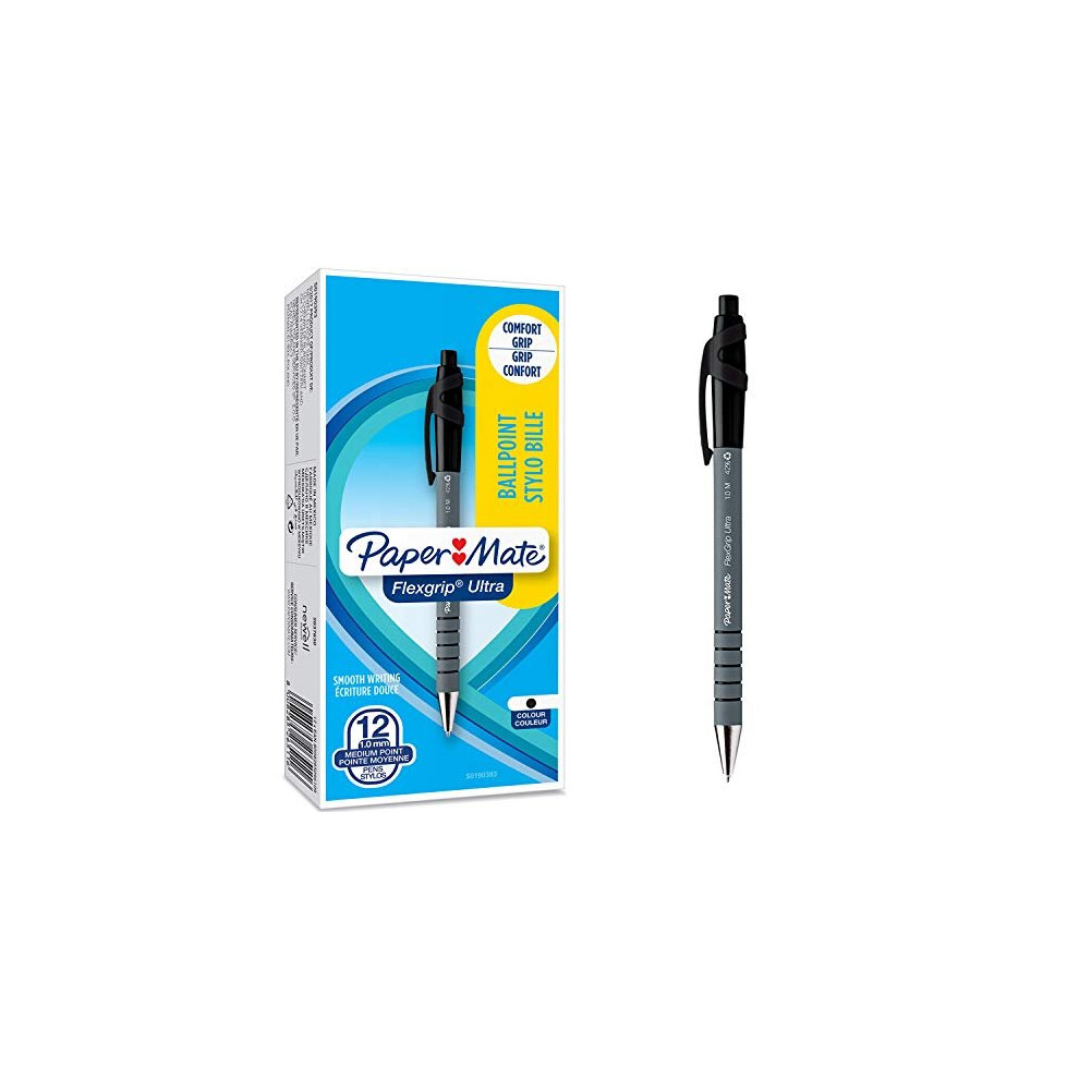 Paper Mate Flexgrip Ultra Retractable Ballpoint Pens | Medium Point (1.0mm) | Black | 12 Count