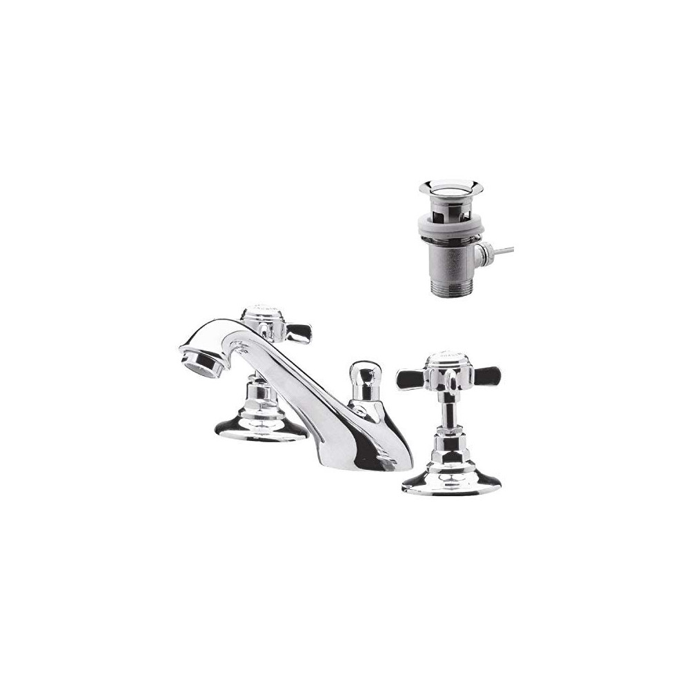 nuie I307X Beaumont Traditional Bathroom Crosshead Handle 3 Tap Hole Basin Mixer Tap with Pop-Up Waste, 85 x 50 x 165mm , Chrome