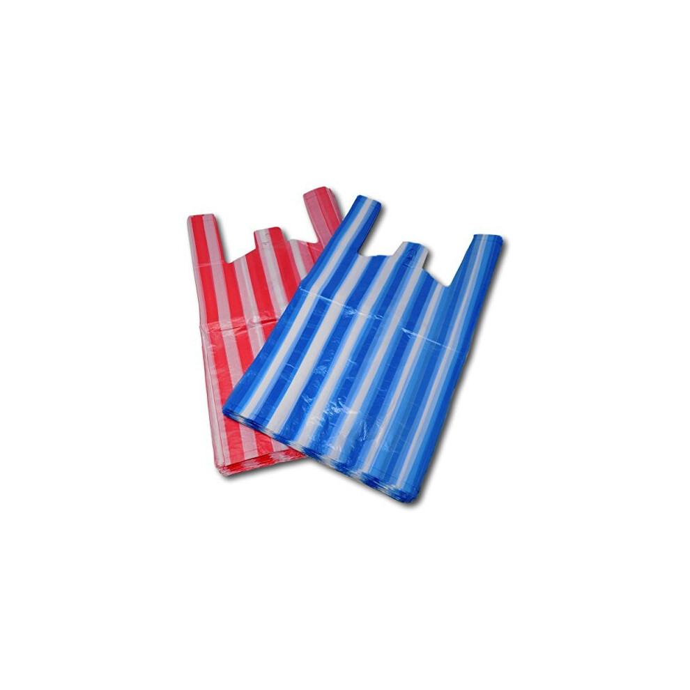 100 Medium Candy Stripe Plastic Vest Carrier Bags (BUY ONE GET ONE FREE - 200 BAGS FOR THE PRICE OF 100)