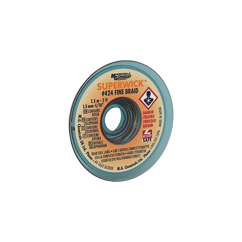 Mg Chemicals 424 Desoldering Braid #2 Fine Braid Super Wick With Rma Flux, 5' Length X 0.05" Width, Yellow 779008424001