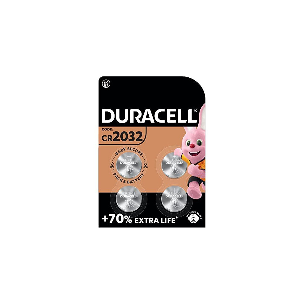 Duracell Specialty 2032 Lithium Coin Battery 3V, pack of 4, with Baby Secure Technology and suitable for keyfobs, scales, wearables and medical