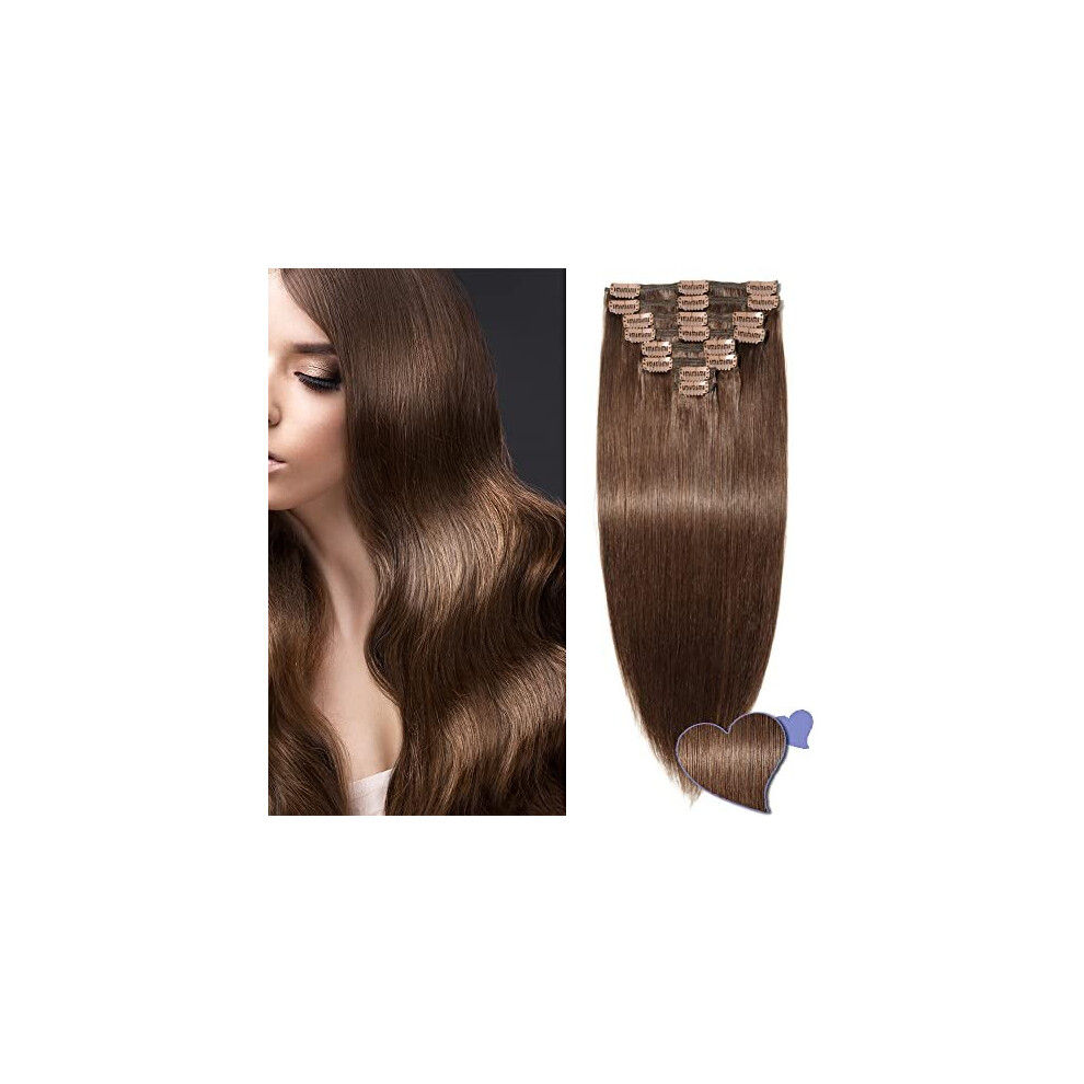 Elailite 10"-22" Human Hair Extensions Clip In - Double Weft - 100% Remy Hair 8 Pcs Full Head (10"-110G, 4 Medium Brown)