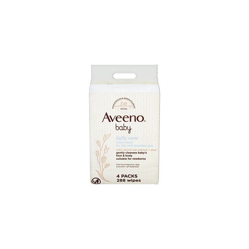 Aveeno Baby Wipes - Sensitive Skin - Cleanse Gently and Efficiently - Baby Wipes - Baby Essentials - Pack of 4 (288 Wipes in Total) [Packaging May