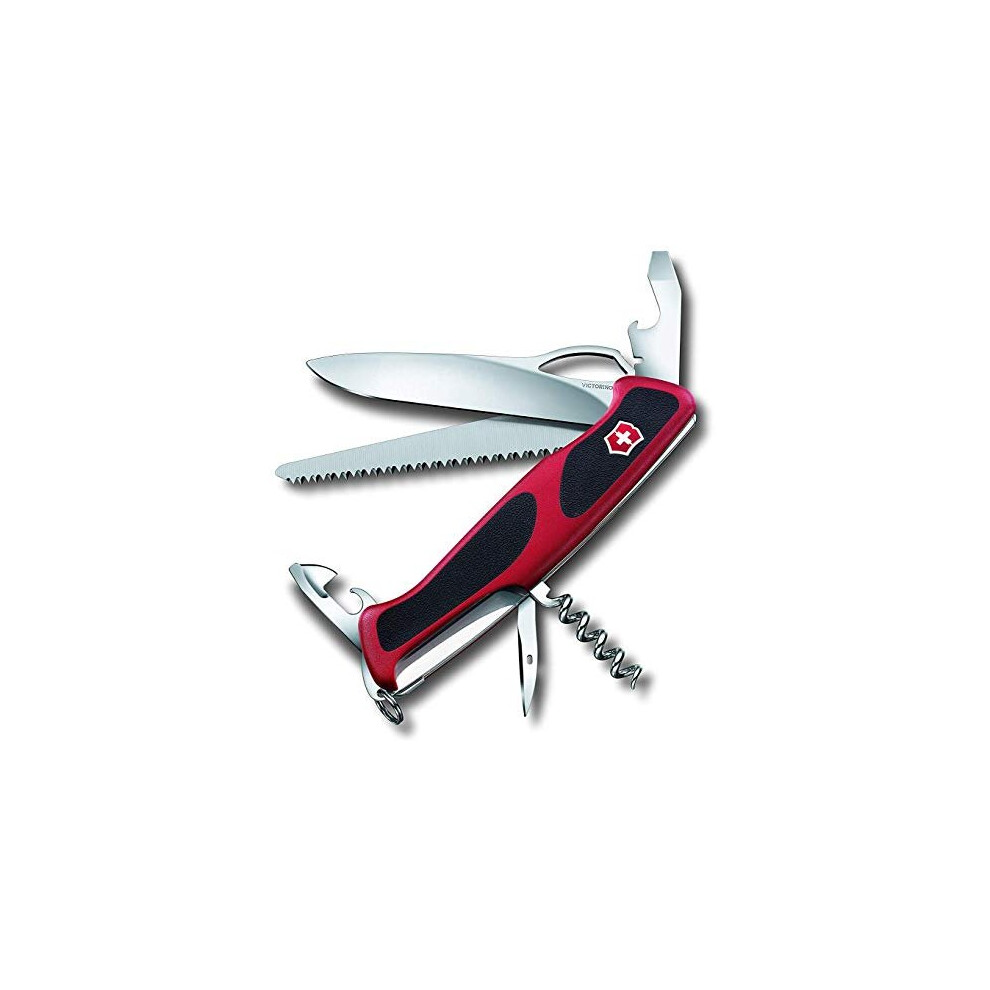 Victorinox Ranger Grip 79 Swiss Army Pocket Knife, Large, Multi Tool, 12 Functions, Locking Blade, One Hand, Red/Black