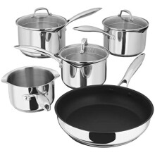 Stellar PP374 5-Piece Set of Stainless Steel Pans 16cm, 18cm & 20cm Draining Saucepans with Strainer Lids, Teflon Non Stick Frying Pan 26cm and Milk
