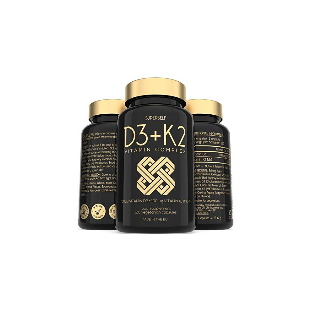 Vitamin D3 K2 Capsules - High Strength Vitamin D Tablets - 4000 IU Vitamin D & 100mcg Vitamin K MK7-120 Capsules - UK Made & Vegetarian - VIT D3 K2