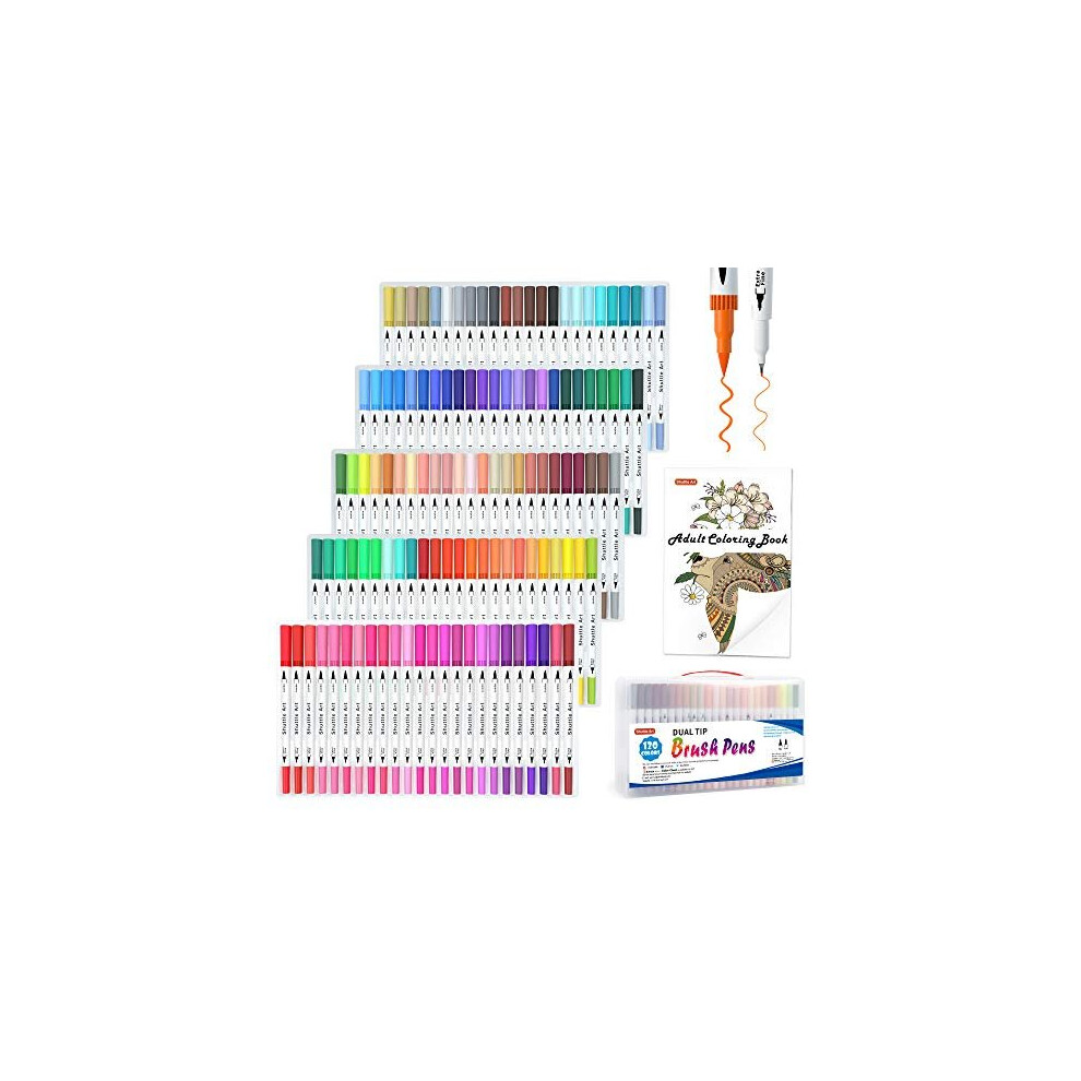 Shuttle Art 120 Colours Brush Pens Set with 1 Colouring Book, Fineliner and Dual Tip Brush Marker for Kids Adult Calligraphy Lettering Journal