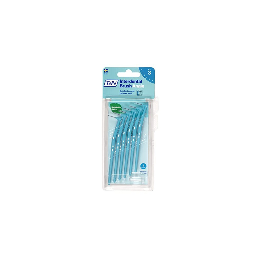 TePe Angle Blue Interdental Brushes (0.6mm - Size 3) - Easy and simple interspace cleaning with long handle and angled neck, 1 x 6 brushes