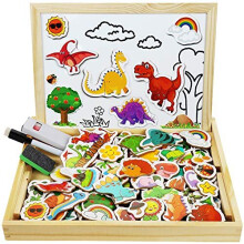 COOLJOY Wooden Magnetic Board Puzzle Games, 118 PCS Double Sided Jigsaw Dinosaur Pattern Drawing Easel Blackboard Educational Wood Toys for Boys Girls