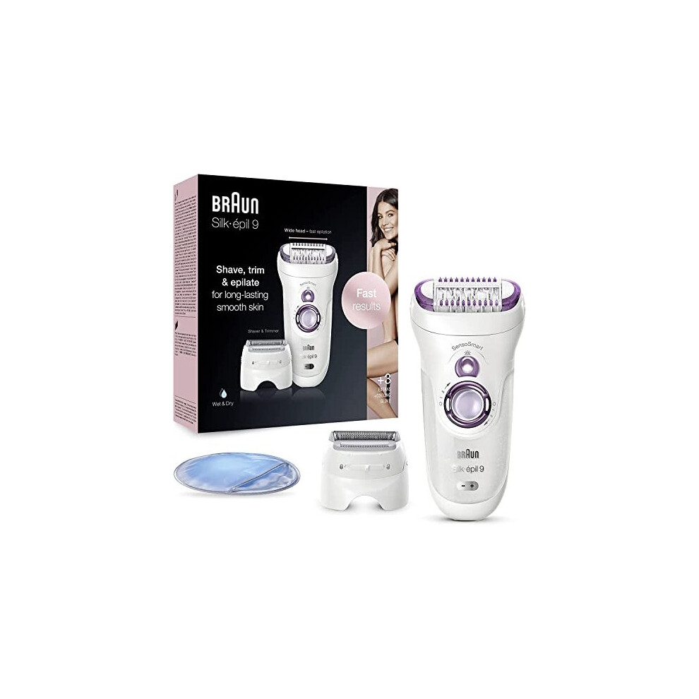 Braun Silk-épil 9 Epilator, for Long-Lasting Hair Removal with 40 Tweezers, Electric Shaver & Trimmer, Cooling Glove, Wet & Dry, 100% Waterproof,