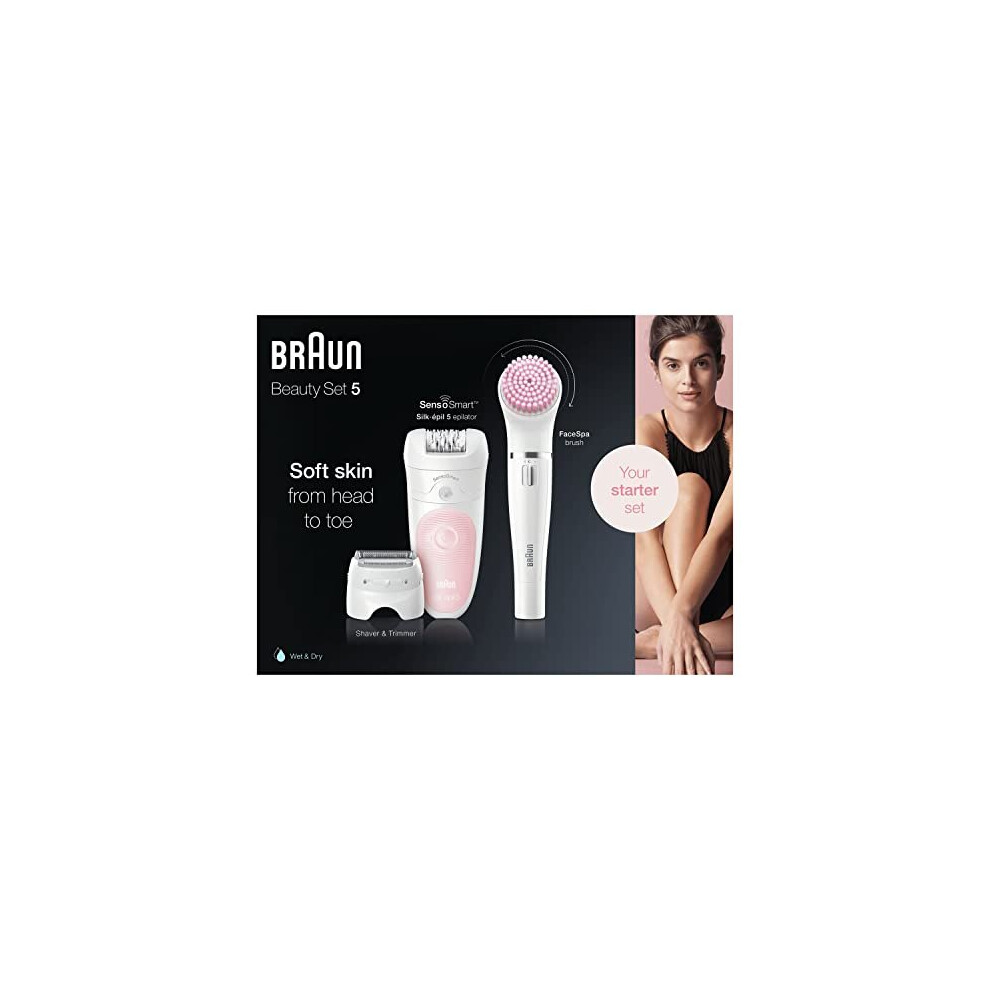 Braun Silk-épil 5 Beauty Set, 4-in-1 SensoSmart Epilator For Hair Removal, With Lady Shaver & Trimmer Head, Facial Cleansing Brush, UK 2 Pin Plug,